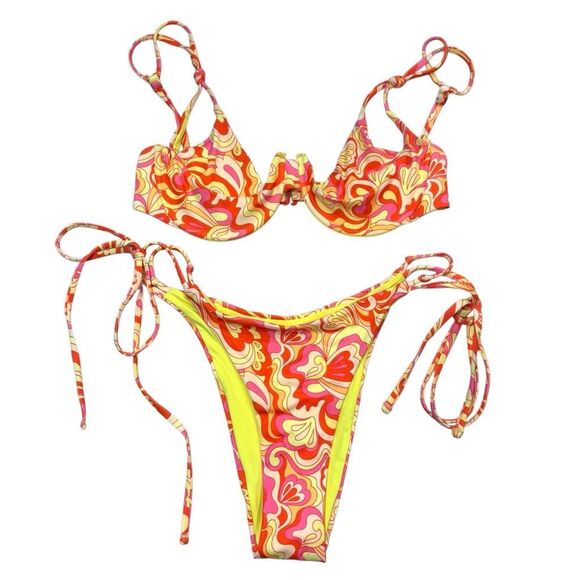NWOT OneOne Swimwear Floral Tie Side Two Piece Bikini Set Multicolor Large - Picture 1 of 4